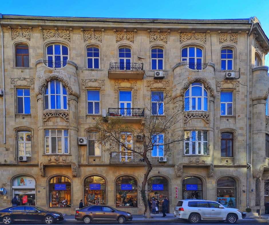 Facade of the Profitable House of Musa Naghiyev in 28 May Street 6, Baku. Architect: Józef Plośko. Constructed: 1908-1910
