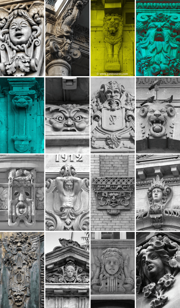 Bakının art-nuvo memarlığı xüsusi təzahürlərin maskaronların kollajı