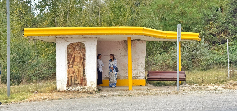 Ceramic panel art works and Soviet bus stop in Shamakhi, Azerbaijan, reflecting 1970s modernist design and local symbolism