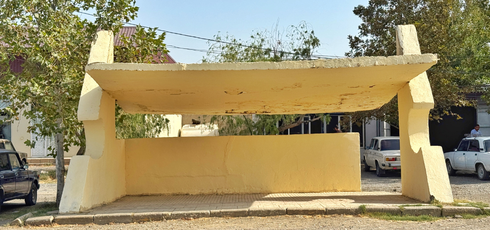 Hammer and Sickle shaped Soviet-era bus stop in Naftalan, Azerbaijan