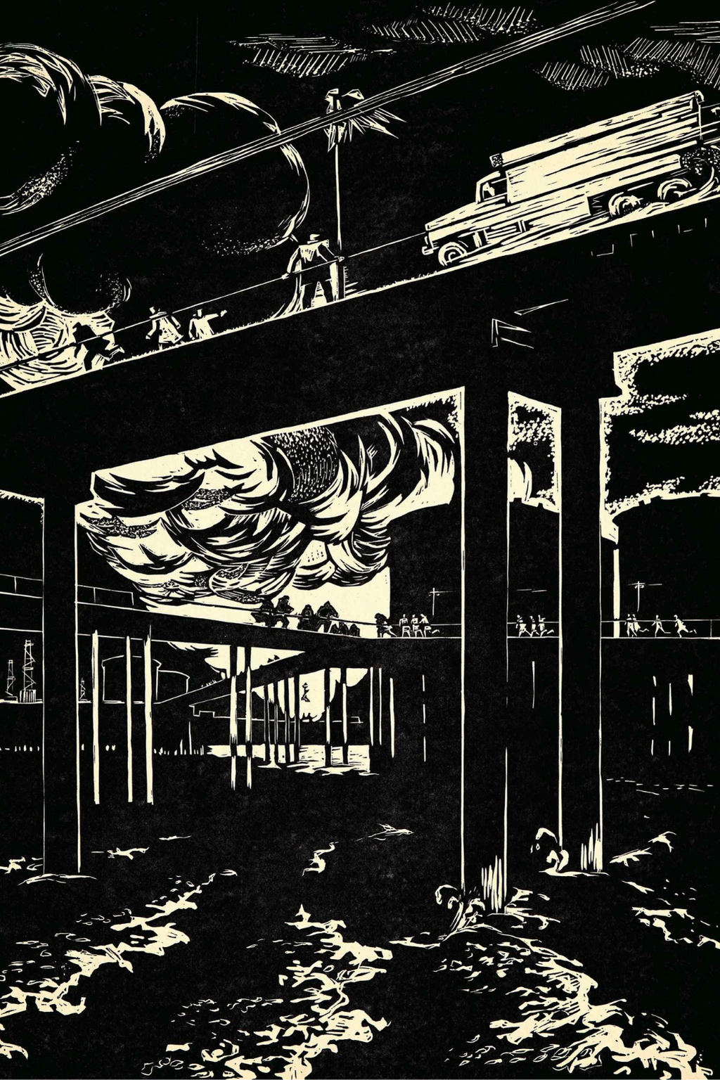 Hüseynov Elmas Mehdi oğlu. “Kəşfiyyatda” seriyası. “Neft daşlarında yanğın”. Kağız, linoqravür. 60×40 sm. Şəkil: az-art.gallery